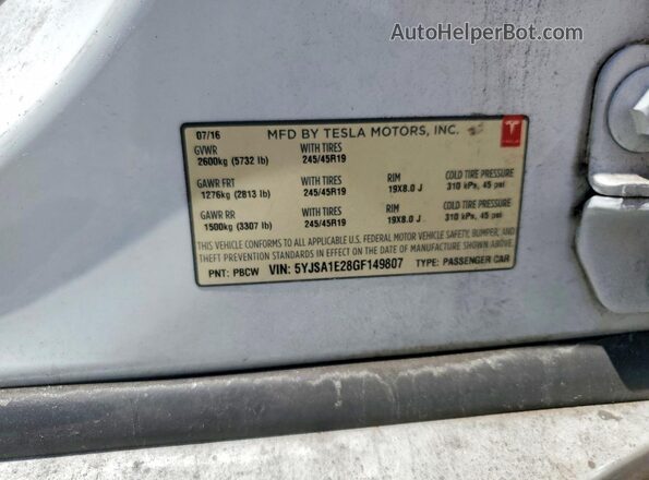 5YJSA1E28GF149807 2016 TESLA MODEL White Շարժիչի բաժամունքի տեսք