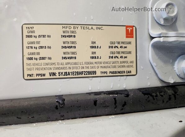 5YJSA1E28HF228699 2017 TESLA MODEL White Շարժիչի բաժամունքի տեսք