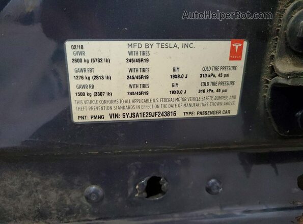 5YJSA1E29JF243816 2018 TESLA MODEL Green Vista de la etiqueta del VIN