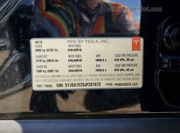 5YJSA1E29JF261670 2018 TESLA MODEL Black Widok naklejki z numerem VIN