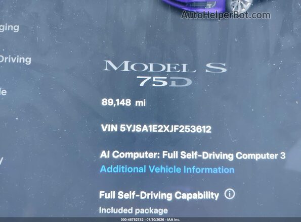 5YJSA1E2XJF253612 2018 TESLA MODEL S Черный Панорамный вид салона 360°