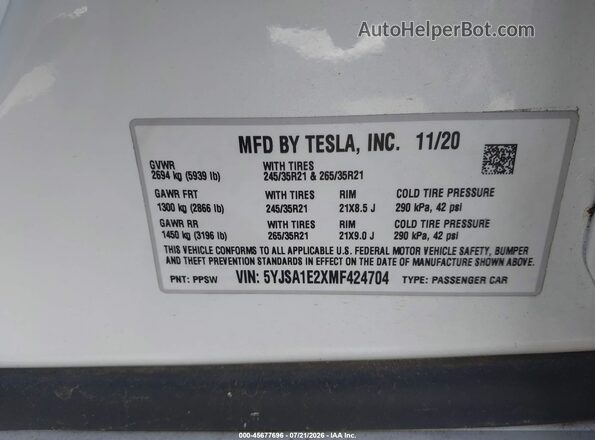 5YJSA1E2XMF424704 2021 TESLA MODEL S White ძრავის განყოფილების ხედი