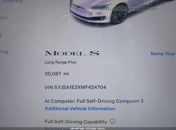5YJSA1E2XMF424704 2021 TESLA MODEL S White 