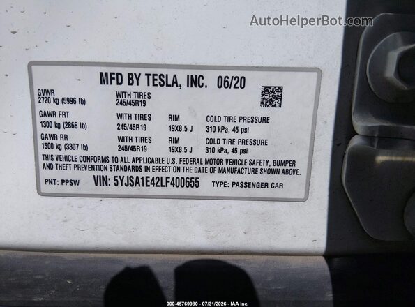 5YJSA1E42LF400655 2020 TESLA MODEL S White Widok komory silnika