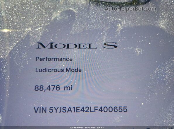 5YJSA1E42LF400655 2020 TESLA MODEL S White Widok tylnych siedzeń