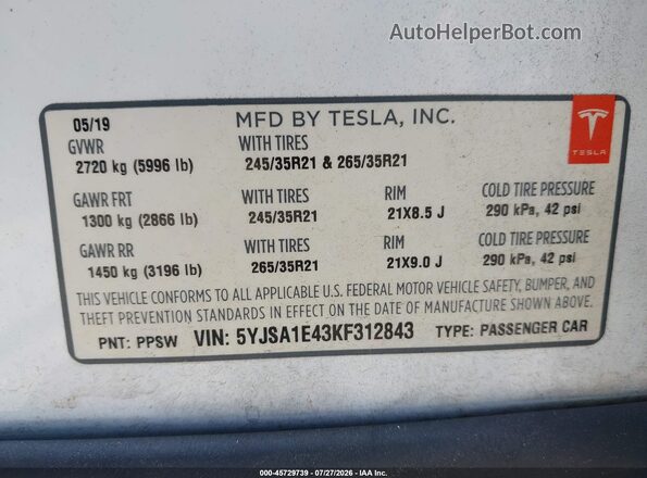 5YJSA1E43KF312843 2019 TESLA MODEL S White ძრავის განყოფილების ხედი