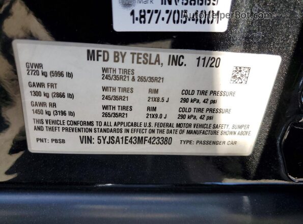 5YJSA1E43MF423380 2021 TESLA MODEL Black ძრავის განყოფილების ხედი