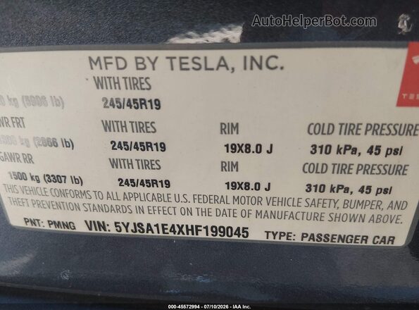 5YJSA1E4XHF199045 2017 TESLA MODEL S Серый Вид подкапотного пространства