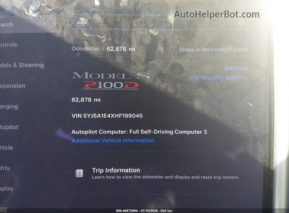 5YJSA1E4XHF199045 2017 TESLA MODEL S Серый Вид задних сидений