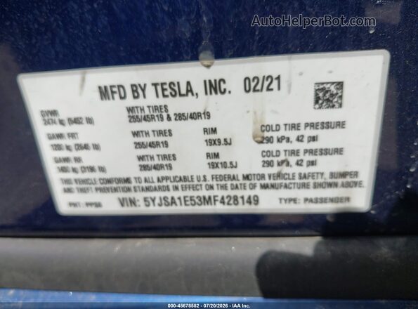 5YJSA1E53MF428149 2021 TESLA MODEL S Blue Widok komory silnika