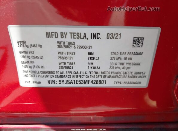 5YJSA1E53MF428801 2021 TESLA MODEL S Red Շարժիչի բաժամունքի տեսք