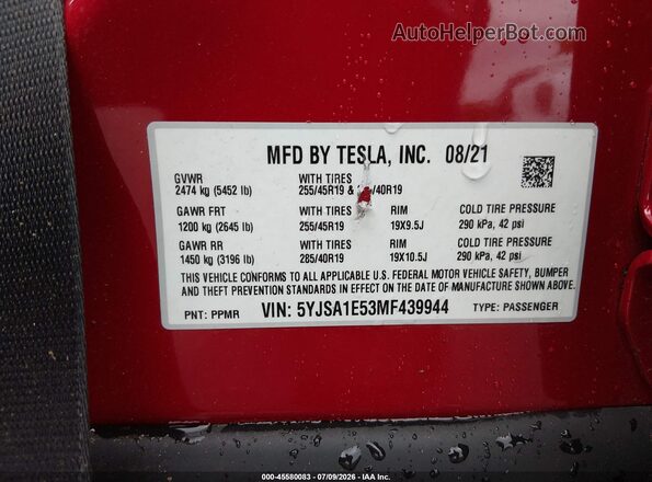 5YJSA1E53MF439944 2021 TESLA MODEL S Red VIN კოდის სტიკერის ხედი