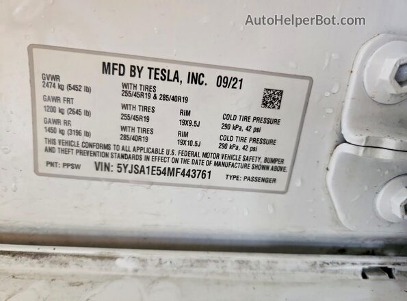 5YJSA1E54MF443761 2021 TESLA MODEL White Vista del compartimento del motor