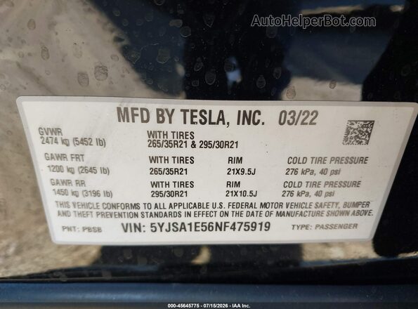 5YJSA1E56NF475919 2022 TESLA MODEL S Black Vista del compartimento del motor