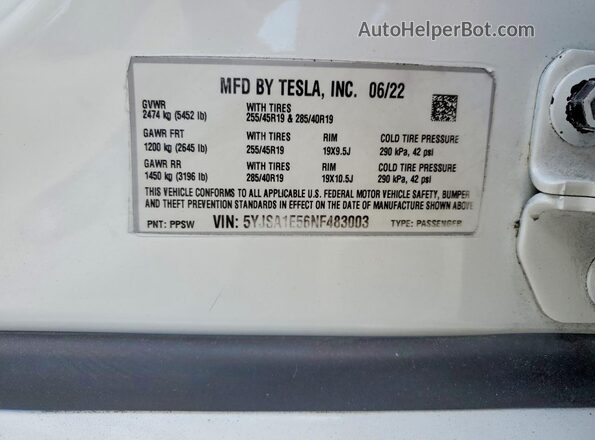 5YJSA1E56NF483003 2022 TESLA MODEL White ძრავის განყოფილების ხედი
