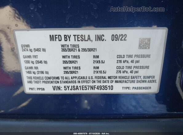 5YJSA1E57NF493510 2022 TESLA MODEL S Синий Вид подкапотного пространства