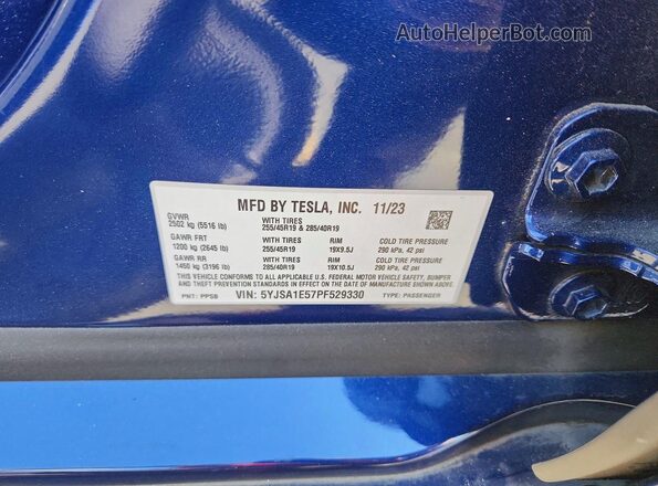5YJSA1E57PF529330 2023 TESLA MODEL Blue VIN կոդի պիտակի տեսք