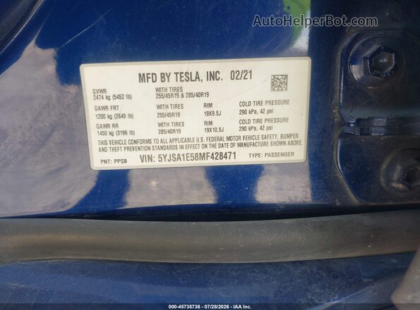 5YJSA1E58MF428471 2021 TESLA MODEL S Синий Вид подкапотного пространства