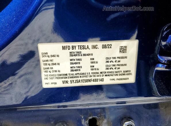 5YJSA1E58NF488140 2022 TESLA MODEL Синий Вид наклейки с VIN-кодом