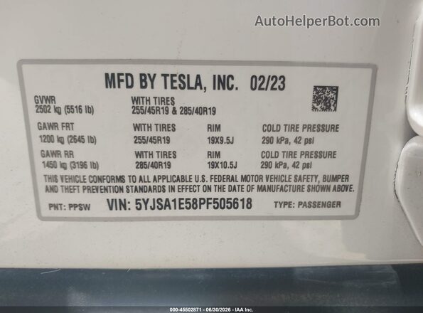 5YJSA1E58PF505618 2023 TESLA MODEL S White ძრავის განყოფილების ხედი