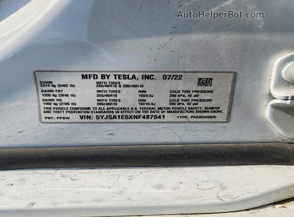 5YJSA1E5XNF487541 2022 TESLA MODEL White Widok naklejki z numerem VIN