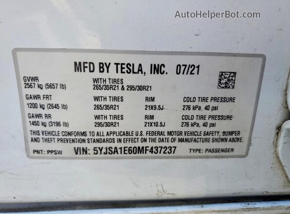 5YJSA1E60MF437237 2021 TESLA MODEL White VIN կոդի պիտակի տեսք