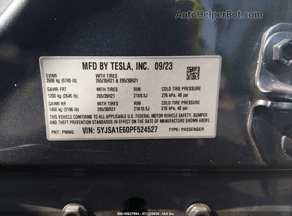 5YJSA1E60PF524527 2023 TESLA MODEL S Gray ძრავის განყოფილების ხედი
