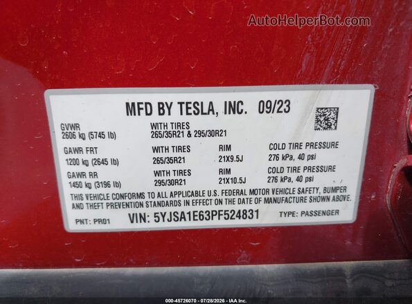 5YJSA1E63PF524831 2023 TESLA MODEL S Red Vista del compartimento del motor