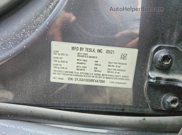 5YJSA1E65MF447066 2021 TESLA MODEL Gray ძრავის განყოფილების ხედი