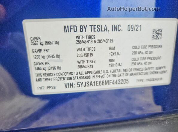 5YJSA1E66MF443205 2021 TESLA MODEL Blue ძრავის განყოფილების ხედი