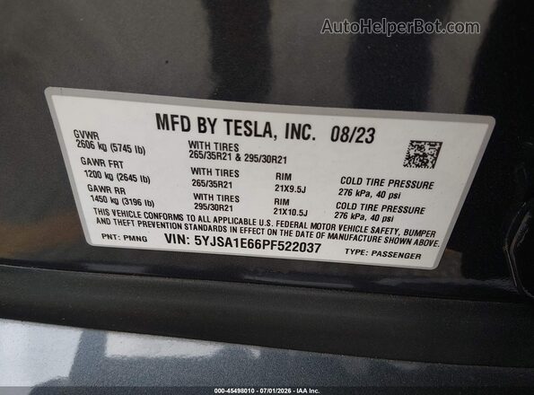5YJSA1E66PF522037 2023 TESLA MODEL S Серый Вид подкапотного пространства
