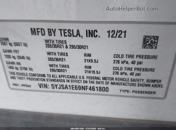 5YJSA1E69NF461800 2022 TESLA MODEL S White Вид підкапотного простору