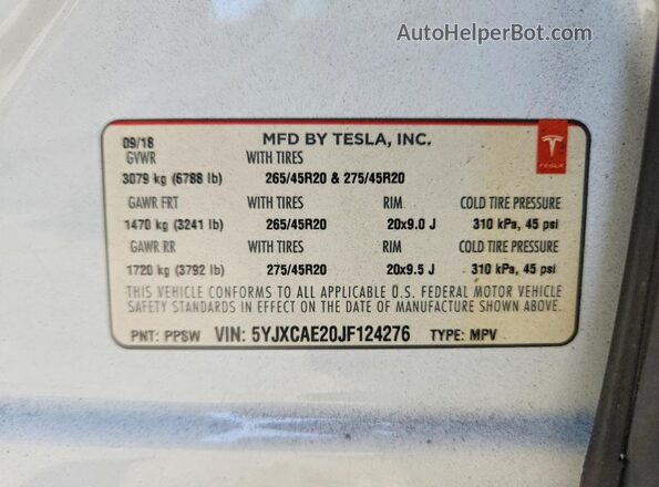 5YJXCAE20JF124276 2018 TESLA MODEL White Vista de la etiqueta del VIN