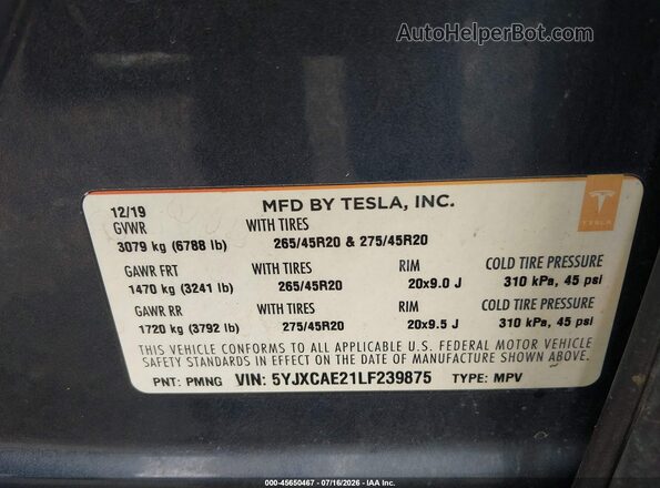 5YJXCAE21LF239875 2020 TESLA MODEL X Gray Вид підкапотного простору