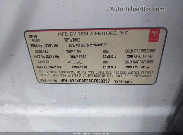 5YJXCAE25GF020357 2016 TESLA MODEL X White Widok komory silnika