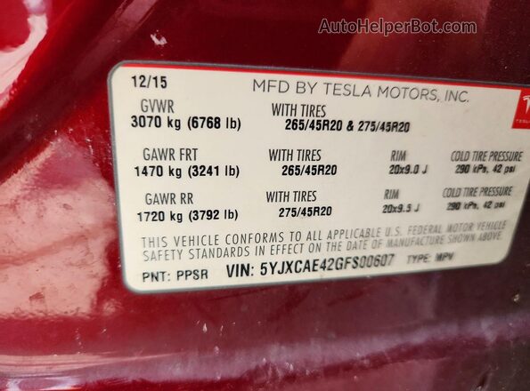 5YJXCAE42GFS00607 2016 TESLA MODEL Red VIN կոդի պիտակի տեսք