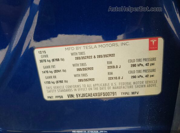 5YJXCAE4XGFS00791 2016 TESLA MODEL X Blue Engine compartment view
