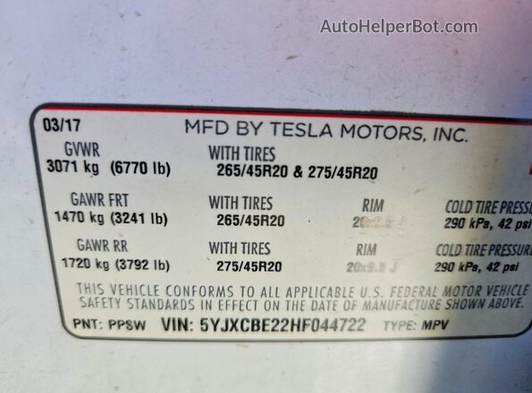 5YJXCBE22HF044722 2017 TESLA MODEL White Սալոնի 360 աստիճան տեսք