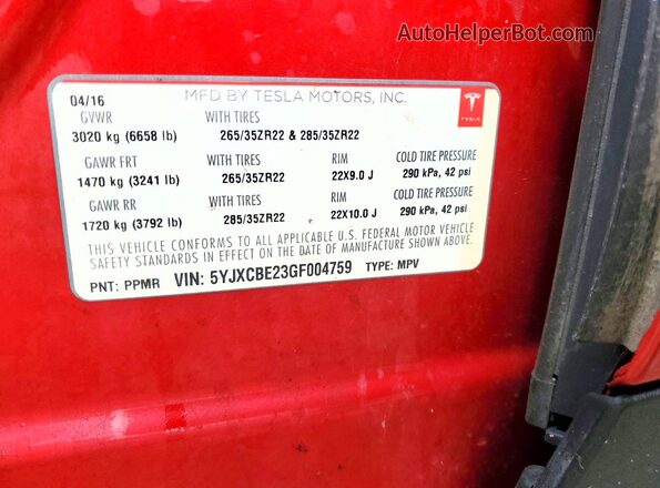 5YJXCBE23GF004759 2016 TESLA MODEL Red ძრავის განყოფილების ხედი