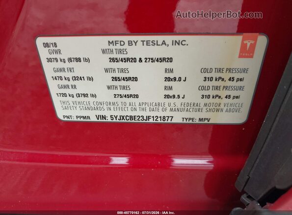 5YJXCBE23JF121877 2018 TESLA MODEL X Red Շարժիչի բաժամունքի տեսք