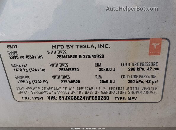 5YJXCBE24HF050280 2017 TESLA MODEL X White ძრავის განყოფილების ხედი