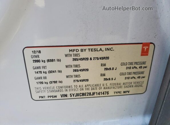 5YJXCBE28JF141476 2018 TESLA MODEL White Вид підкапотного простору