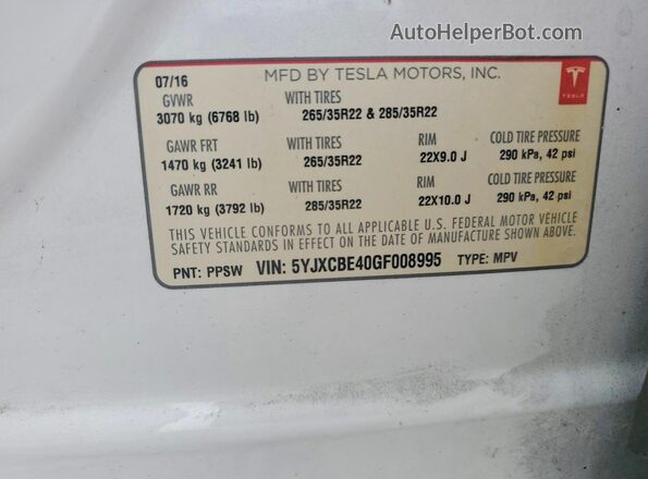 5YJXCBE40GF008995 2016 TESLA MODEL White VIN կոդի պիտակի տեսք