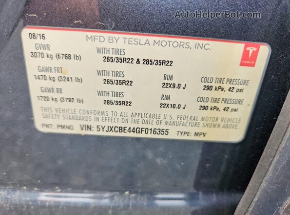 5YJXCBE44GF016355 2016 TESLA MODEL Black Вид наклейки з VIN-кодом