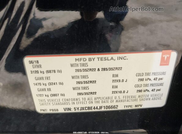 5YJXCBE44JF106662 2018 TESLA MODEL X Black Շարժիչի բաժամունքի տեսք