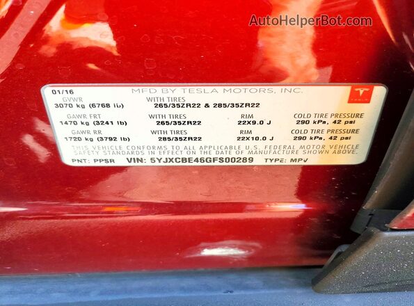 5YJXCBE46GFS00289 2016 TESLA MODEL Red VIN կոդի պիտակի տեսք