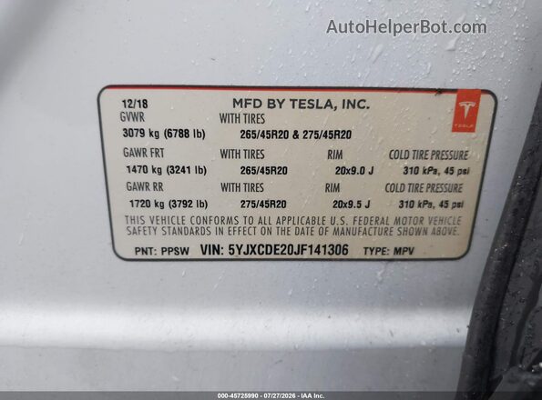 5YJXCDE20JF141306 2018 TESLA MODEL X White Շարժիչի բաժամունքի տեսք