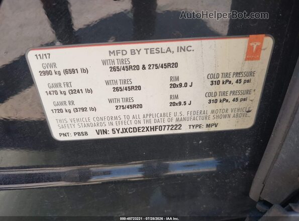 5YJXCDE2XHF077222 2017 TESLA MODEL X Black ძრავის განყოფილების ხედი