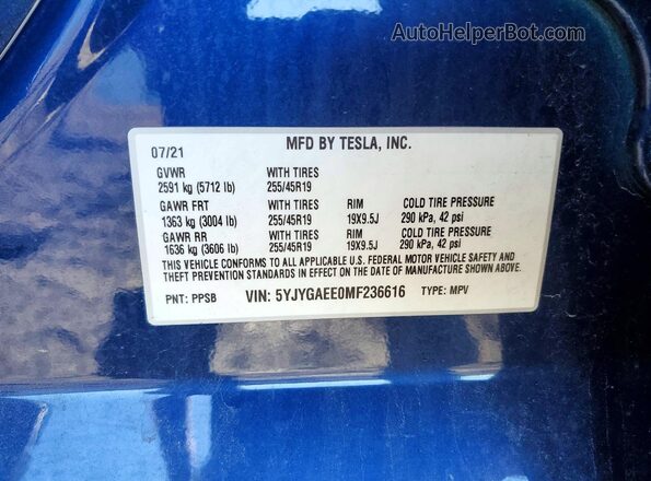 5YJYGAEE0MF236616 2021 TESLA MODEL Blue Vista de la etiqueta del VIN