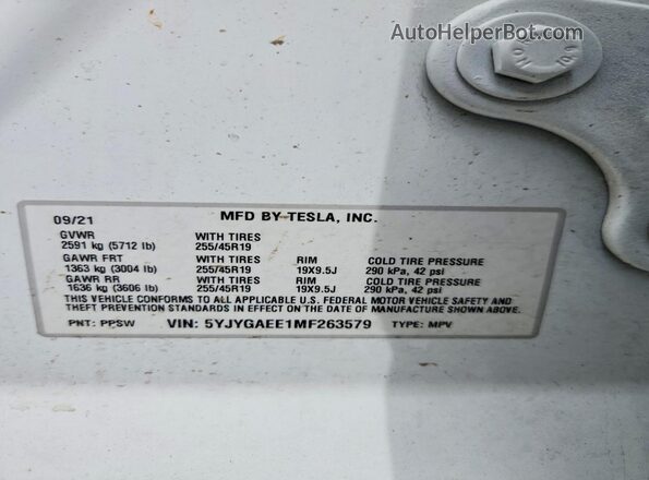 5YJYGAEE1MF263579 2021 TESLA MODEL White Вид наклейки з VIN-кодом